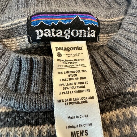 Patagonia Nordic Crew Lambswool Sweater Large Blue Beige Tan - Picture 2 of 7